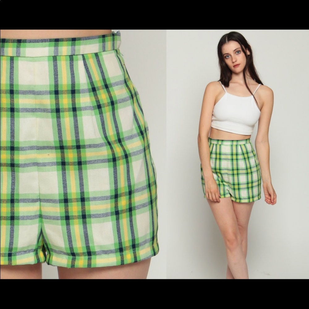 Plaid 70s Shorts High Waisted 1970s Vintage Seventies Pin Up Checkered Xs